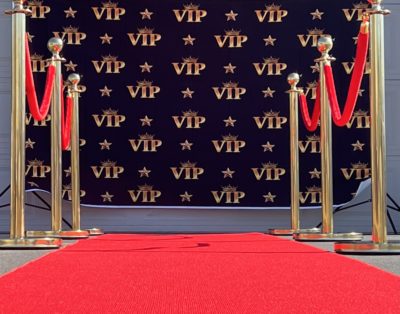 Gold Stanchion Set with Red Velvet Rope and 25ft Red Carpet (3×25)